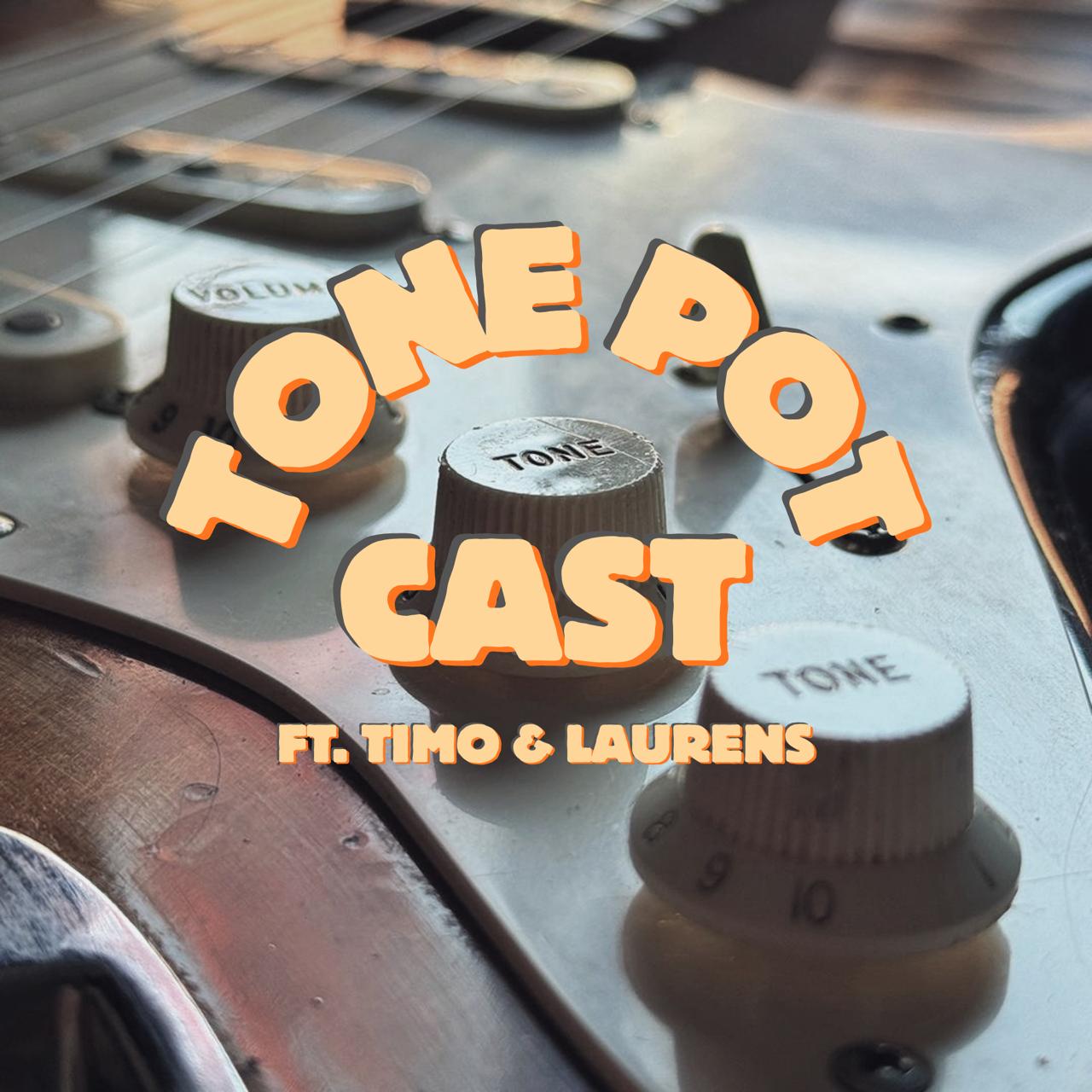 Officieel Tone Pot-Cast-logo met gitaar-toneknoppen en de tekst Tone Pot-Cast ft. Timo & Laurens